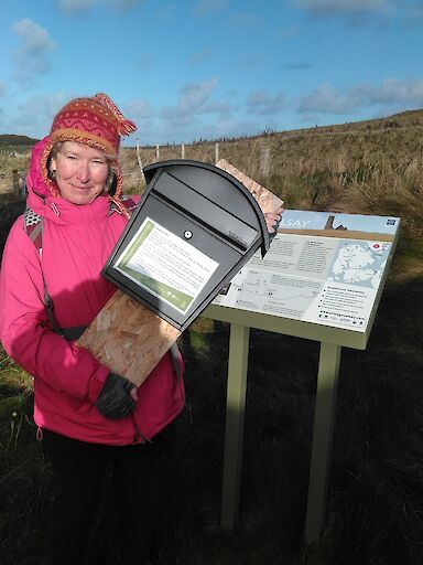 Project poet Yvonne Gray with response box, Egilsay.